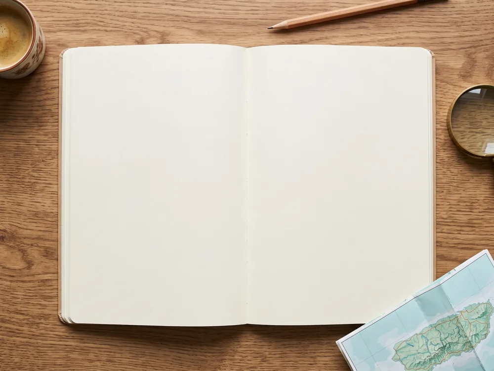 Libreta en blanco sobre un escritorio de madera, junto a café, una lupa y un mapa